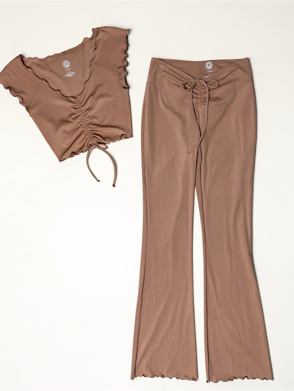 Pacsun Active Yoga Workout 2 PC Set Boho Ruched Cinch Tie Top Flare Pants Tan